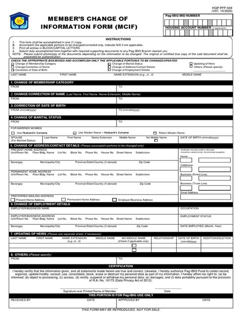 Member'S Change of Information Form (Mcif) : Presented For  .